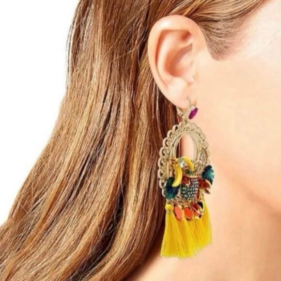 BETSEY JOHNSON Mixed Multicolor Bananas Fruit Chandelier Tassel Sequin Earrings - Picture 3 of 8